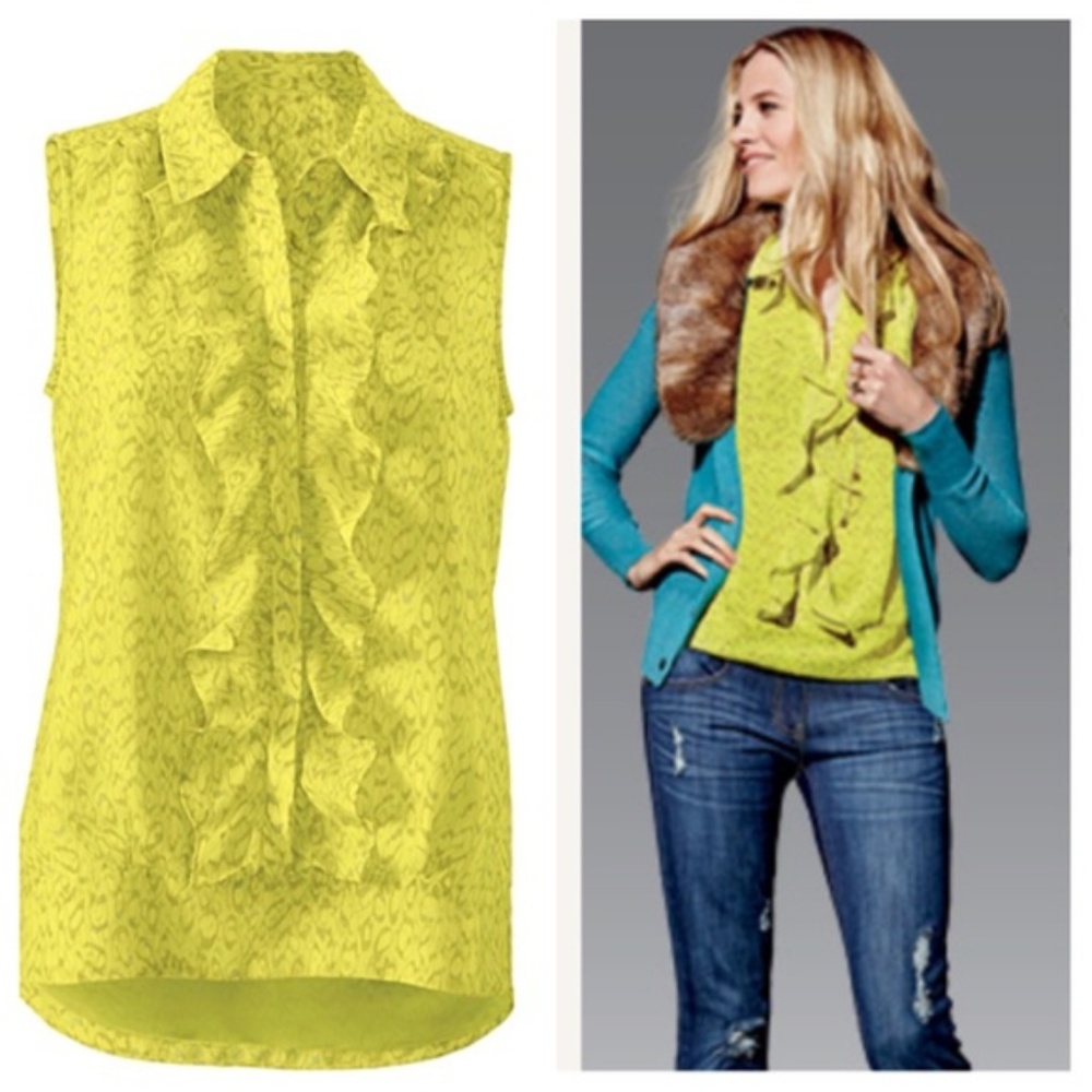 🌿 CABI Yellow Ruffle Sleeveless Blouse Style 307